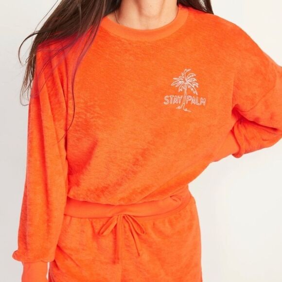 New with Tags Old Navy Stay Palm Cropped Long Sleeve Slub Knit Terry Sweatshirt - Picture 2 of 11